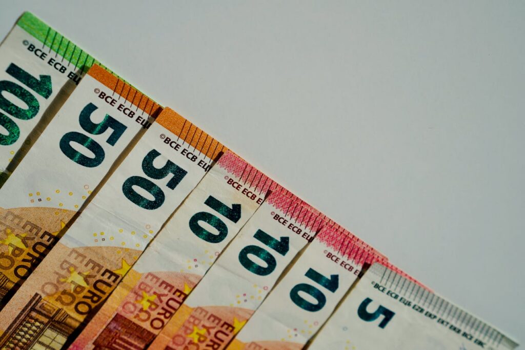 Close-up of various euro banknotes in different values on a plain background.