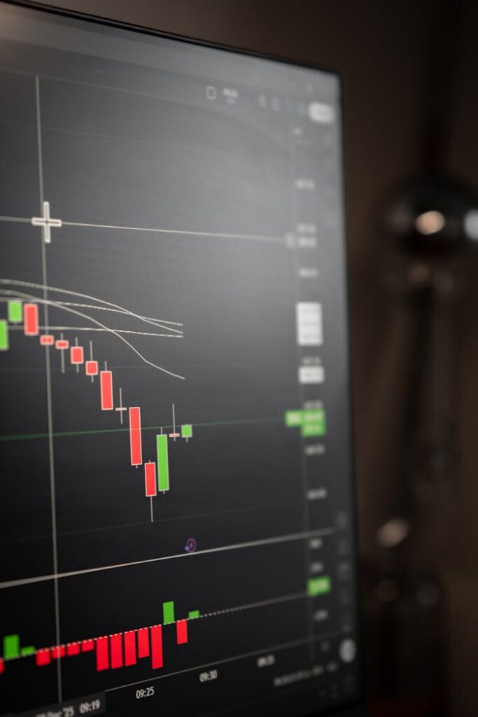 Detailed view of a stock market graph on a computer screen, showcasing trends.